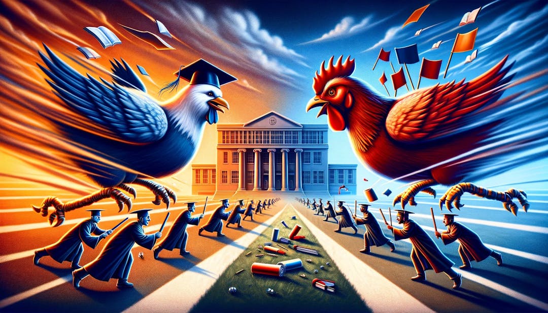 An abstract image depicting two opposing forces in a high-stakes confrontation, symbolizing educational labor strikes. One side features academic symbols like a university building and graduation cap, representing university administration, while the other side shows symbols of faculty and students like books and pens. The background is intense with red and blue colors, illustrating the tension and urgency of a strike.